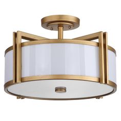 a semi flush ceiling light with white shades on the bottom and gold trimmings