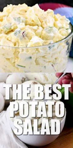 the best potato salad is in a glass bowl and ready to be eaten for dinner