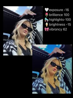 two pictures of a woman wearing sunglasses and a zebra print jacket with the caption, exposure - 16 brilliant highlights - 100 brightness