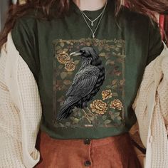 Vintage Raven Shirt, Tarot Card Shirt, Goblincore Shirt, Gothic T-shirt, Witchy Shirt, Crow, Dark Academia Shirt. - Etsy Plus Size Goblincore Fashion, Forestpunk Outfits, Cool Shirts Women, Summer Coffee Shop Outfit, Knock Thrice, Hobbitcore Outfits, Dark Cottage Core Fashion, Vintage Shirt Outfit, Witchy Academia Outfit