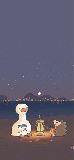 two ducks sitting next to each other in front of a lantern on the beach at night