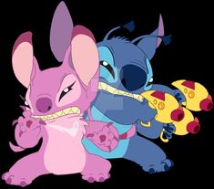 three cartoon characters are playing together on a black background, one is pink and the other is blue