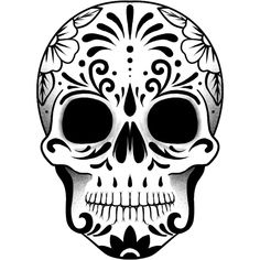 a black and white drawing of a skull with flowers on it's head,