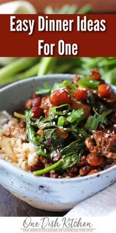 an easy dinner idea for one with spinach, sausage and rice in a bowl