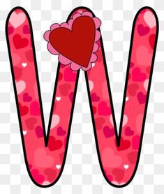 the letter w with hearts on it is pink and has a red heart in its center