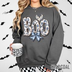 Halloween Chinoiserie Sweater Blue toile Ghost Sweatshirt Coquette Blue Floral Halloween Bow Ghost Toile de jouy French toile blue Boojie Coquette Blue, Floral Halloween, Ghost Sweatshirt, French Toile, Halloween Bows, Blue Toile, Blue Sweaters