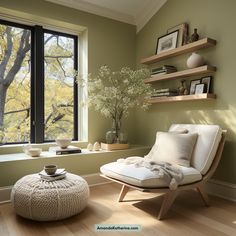 a chair and ottoman in front of a window with a view of the trees outside