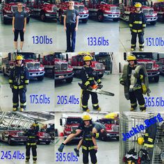 the firefighter is posing for pictures with his equipment