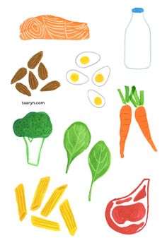 an image of food that includes carrots, broccoli and other vegetables on a white background