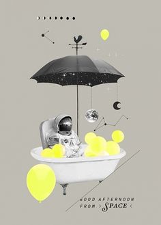 an image of a person in a bathtub with balloons floating from the ceiling and an umbrella above them