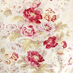 an image of a flowered fabric with red and white flowers