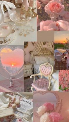 a collage of pink and white images with hearts, flowers, candles, jewelry