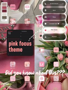 the pink focus theme is displayed in this screenshot with flowers and other things surrounding it