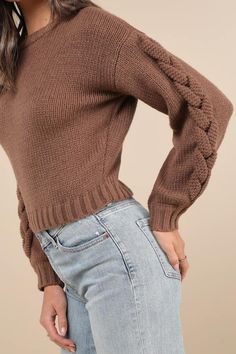 Ensure that the fall season is full of compliments and admirers with the Lulus Playful Comfort Brown Cable Knit Crew Neck Pullover Sweater! This soft and stretchy sweater has a classic crew neck and long sleeves with drop shoulders, fitted cuffs, and cable knit accents. The relaxed-fit bodice finishes at a slightly cropped hem. Contrasting ribbed knit trims the neckline, cuffs, and hem to complete the look. Fit: This garment fits true to size. Length: Size medium measures 20" from shoulder to hem. Bust: Great for any cup size. Waist: Loosely Fitted. Undergarments: May be worn with any standard bra. Fabric: Fabric is very stretchy. Unlined. 100% Polyester. Hand Wash Cold. Do Not Bleach. Dry Flat. Iron Low Heat. Imported. Lulus | Playful Comfort Brown Cable Knit Crew Neck Pullover Sweater | Fitted Bodice, Cable Knit, Pullover Sweaters, Ribbed Knit, Knitted Sweaters, Crew Neck, Relaxed Fit, Long Sleeve, Knitting