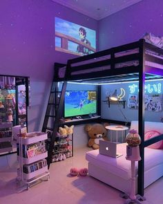 a bedroom with bunk beds and purple lighting in the ceiling is lit up by colorful lights