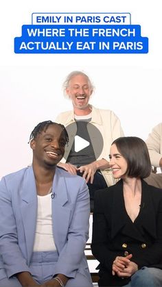 four people sitting on a bench with the caption where the french actually eat in paris