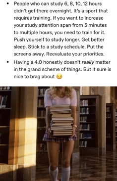 a woman is standing in front of a book shelf with stacks of books on her back