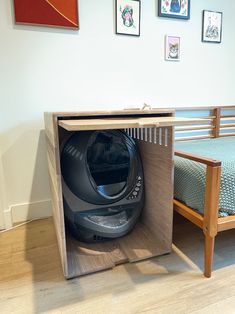 a room with a bed and a helmet in it