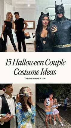 some people are dressed up as batman and catwomans for halloween costume ideas with text overlay that reads, 15 halloween couple costume ideas