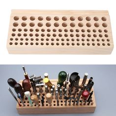 a wooden peg board with different types of tools in it and an image of the peg board