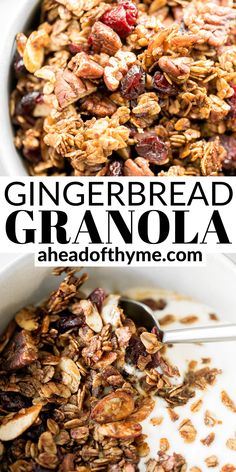 a bowl filled with granola sitting on top of a table