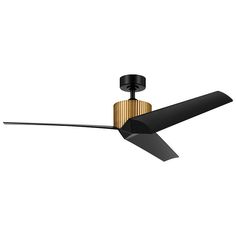 a black ceiling fan with wooden blades on it's blades and a white background