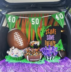 a football themed party in the back of a car