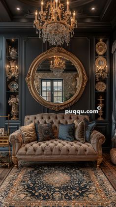 a living room filled with furniture and a chandelier