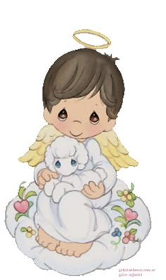 an angel holding a baby sheep on top of a cloud