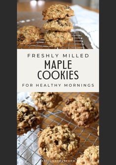 freshly baked maple cookies on a cooling rack with text overlay that reads, freshly milled maple cookies for healthy mornings