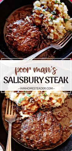 steak and mashed potatoes in a skillet with text overlay that reads poor man's salisbury steak