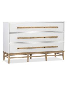 a white dresser with three drawers and two wooden handles on the bottom, against a white background