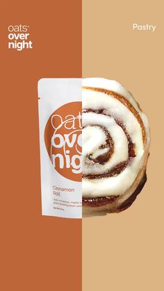 a cinnamon roll with icing on it sitting in front of an orange and white background