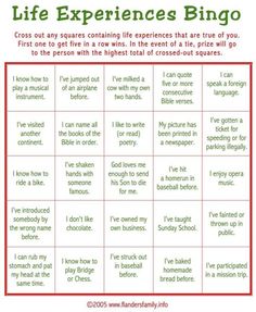 the life experiences bingo game is shown in red and green with white writing on it