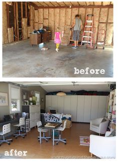 before and after photos of an unfinished room with furniture in it, the woman is painting