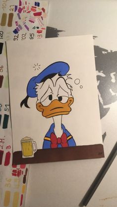 a drawing of a ducky with a mug of beer