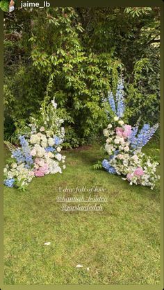 flowers are arranged in the middle of a grassy area with words written on each side