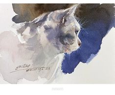 a watercolor painting of a cat's face and head with its eyes closed