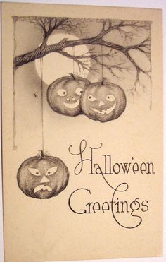 an old fashioned halloween greeting card with pumpkins hanging from a tree branch and the words, halloween greetings