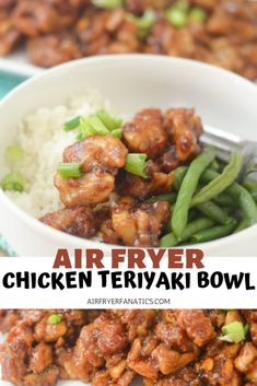 an air fryer chicken teriyaki bowl is shown with rice and green beans