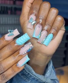 Aqua Blue Nails Acrylic, Aqua Blue Nails, Turquoise Acrylic Nails, Blue Nails Acrylic, Teal Acrylic Nails, Gem Nail Designs, Nail Set Ideas, Random Advice, Nails 23