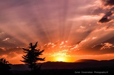 the sun is setting behind some trees and mountains