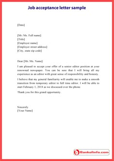 a job cover letter that is in red and white with the words, job acceptance letter sample