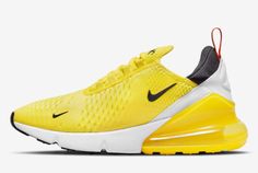 The Nike Air Max 270 gets covered in a vibrant yellow mesh all throughout the upper that is joined by synthetic overlays. Black accents... Nike Air Max 270 Outfit Ideas, Nike 270 Shoes, Nike Air Max 270 Women, Womens Nike Air Max 270, Air 270, Nike 270, Shoes Yellow, Shoes Sneakers Nike, Nike Air Max For Women