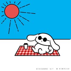 a drawing of a dog sitting on a picnic blanket with the sun in the background