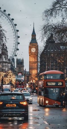 cars, buses and big ben in london on a rainy day with the ferris wheel in the background