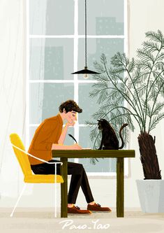 a man sitting at a table in front of a black cat and potted plant