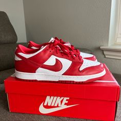 Brand New, Never Been Worn 100% Authentic Guaranteed With Proofs Of Purchase, I Ordered This A While Back From Stockx Size 9.5 Men (Fits Women Size 11) Ship Fast Red Dunk Low Outfit, Dunk Lows Outfit, Red And White Nike Dunks, All Red Nike Shoes, Nike Dunk Low University Red, Red Nike Shoes, Dunk Lows, Low Dunks, Red Nike