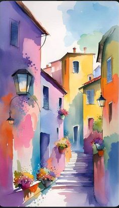 Watercolor Cityscape, معرض فني, Watercolor House Painting, Watercolor Architecture, Watercolor Flower Art