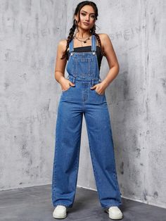 Details:Button \nStyle:Casual \nWaist Line:High Waist \nDetails:Patched \nDetails:Pocket \nNeckline:Straps \nType:Overall \nColor:Medium Wash \nPattern Type:Plain \nSleeve Length:Sleeveless \nLength:Long \nFit Type:Regular Fit \nFabric:Non-Stretch \nMaterial:Denim \nComposition:90% Cotton \nComposition:6% Polyester \nComposition:4% Viscose \nCare Instructions:Machine wash, do not dry clean \nBody:Unlined \nSheer:No \n Celana Jins, Womens Denim Overalls, Jeans Overall, Salopette Jeans, Denim Dungarees, Skirt Denim, Moda Jeans, Denim Blouse, Modieuze Outfits